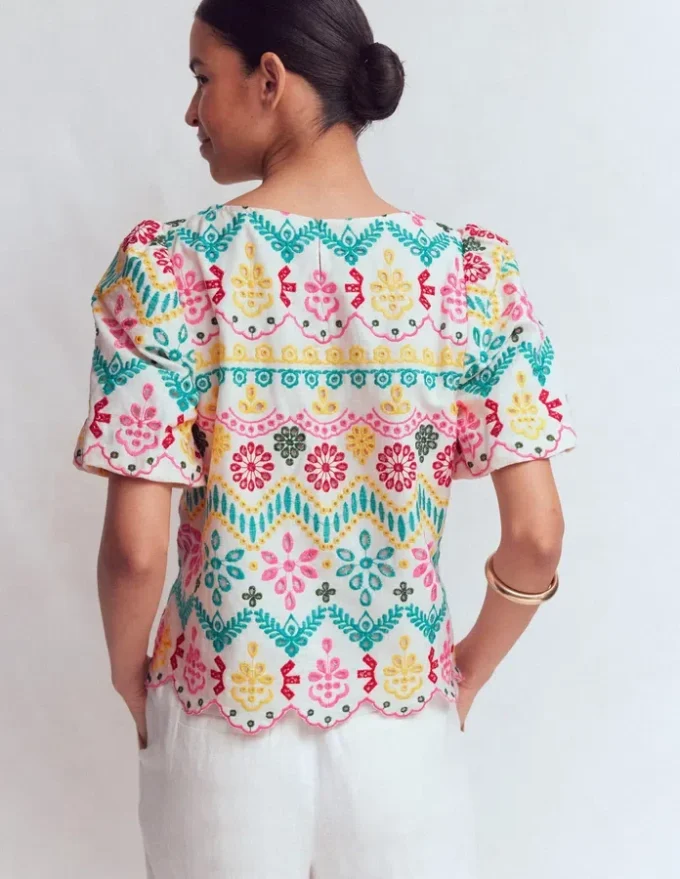 Linen Puff Sleeve Top Multi Broderie Linen Puff Sleeve Top Multi Broderie