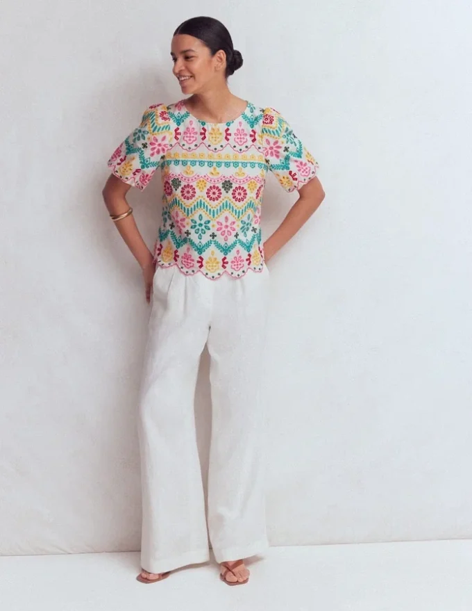 Linen Puff Sleeve Top Multi Broderie Linen Puff Sleeve Top Multi Broderie