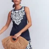 Linen Shift Dress Navy Embrodiery Linen Shift Dress Navy Embrodiery