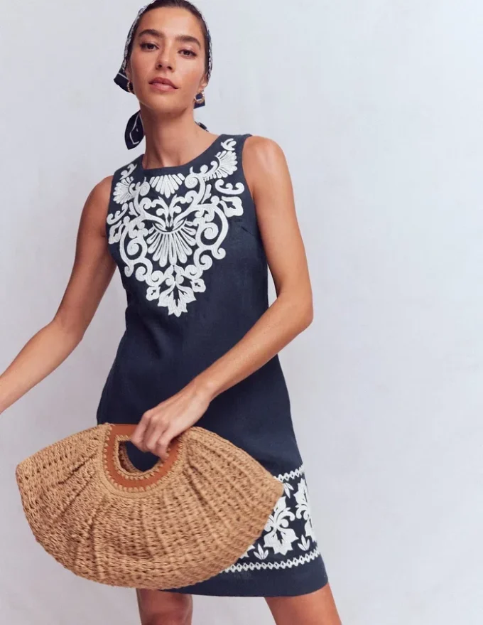 Linen Shift Dress Navy Embrodiery Linen Shift Dress Navy Embrodiery