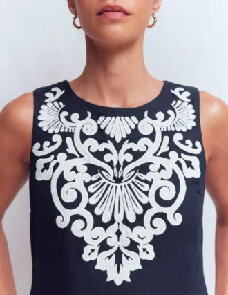Linen Shift Dress Navy Embrodiery