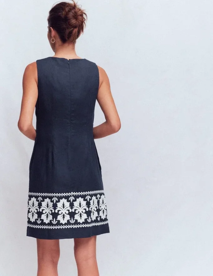 Linen Shift Dress Navy Embrodiery Linen Shift Dress Navy Embrodiery