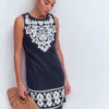Linen Shift Dress Navy Embrodiery Linen Shift Dress Navy Embrodiery