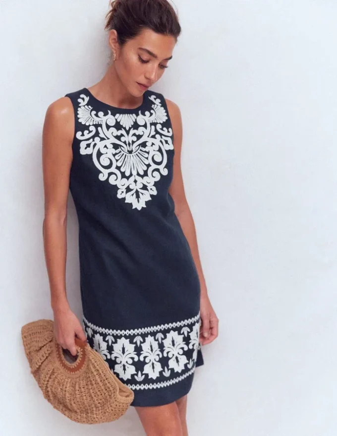 Linen Shift Dress Navy Embrodiery Linen Shift Dress Navy Embrodiery