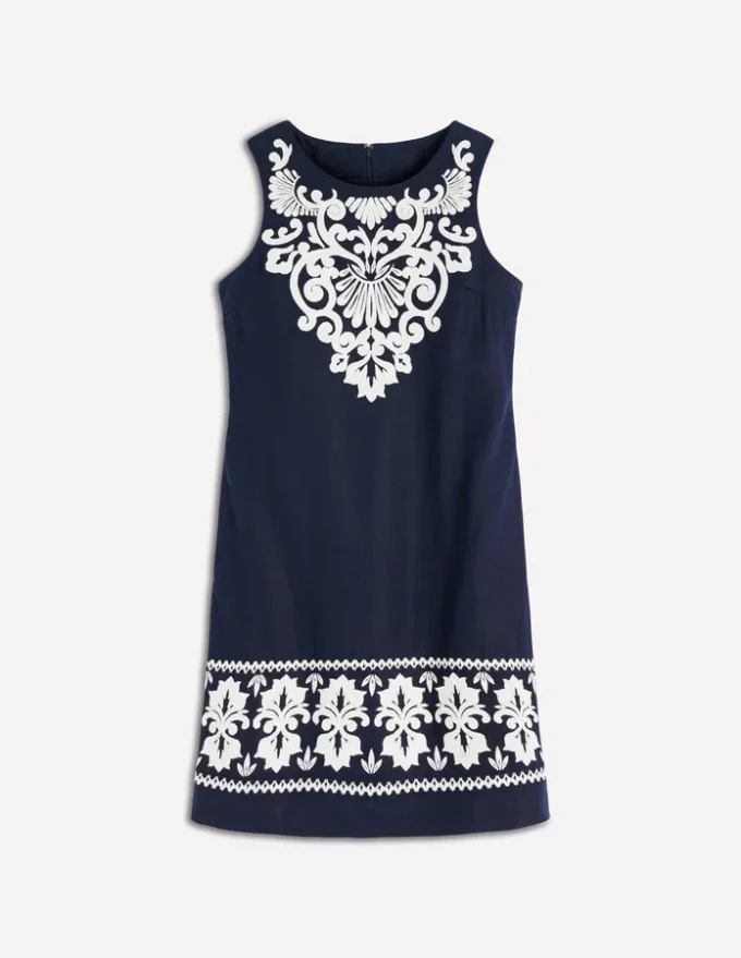 Linen Shift Dress Navy Embrodiery Linen Shift Dress Navy Embrodiery