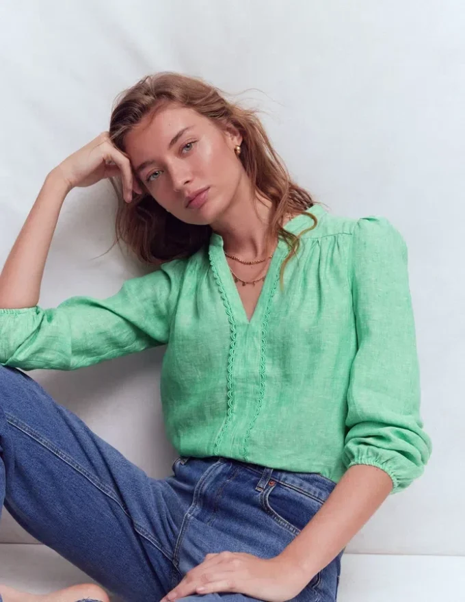 Linen Trim Insert Top Aloe Green Chambray Linen Trim Insert Top Aloe Green Chambray