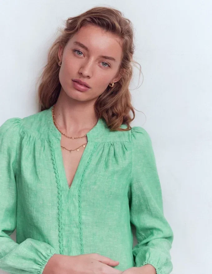 Linen Trim Insert Top Aloe Green Chambray Linen Trim Insert Top Aloe Green Chambray