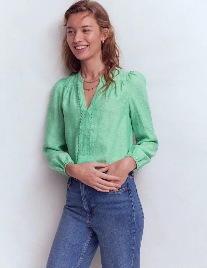 Linen Trim Insert Top Aloe Green Chambray Linen Trim Insert Top Aloe Green Chambray