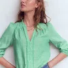 Linen Trim Insert Top Aloe Green Chambray Linen Trim Insert Top Aloe Green Chambray