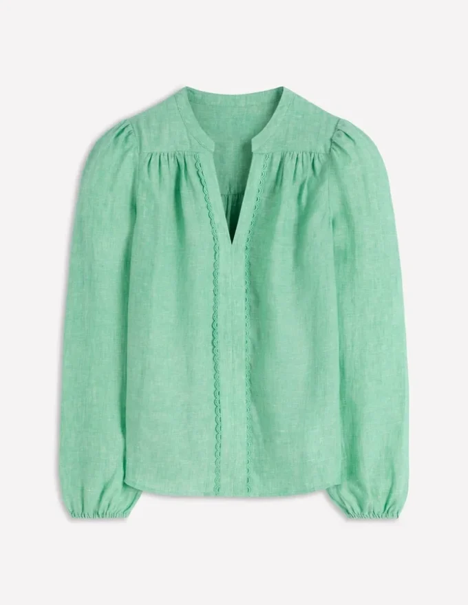 Linen Trim Insert Top Aloe Green Chambray Linen Trim Insert Top Aloe Green Chambray