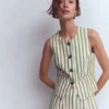 Linen Waistcoat Olive, Ivory Stripe