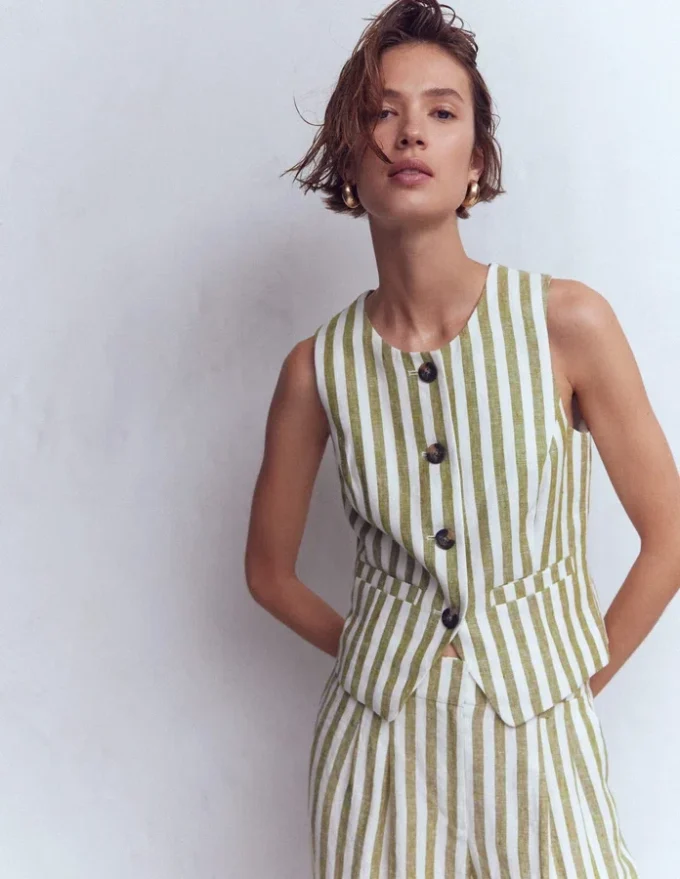 Linen Waistcoat Olive, Ivory Stripe