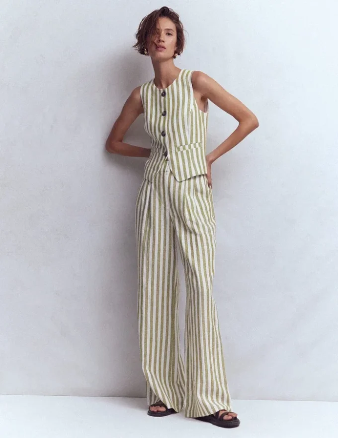 Linen Waistcoat Olive, Ivory Stripe