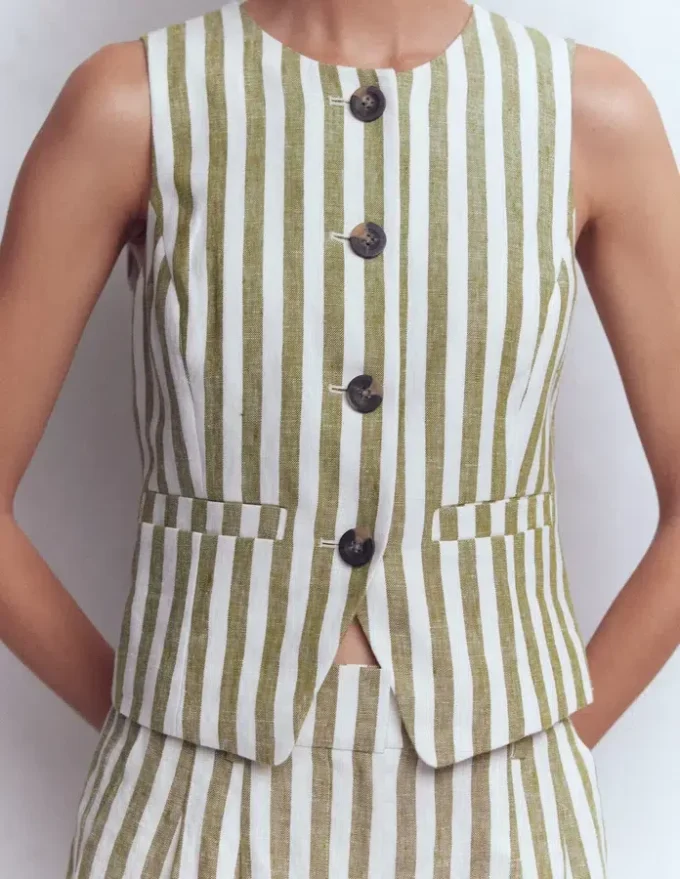 Linen Waistcoat Olive, Ivory Stripe