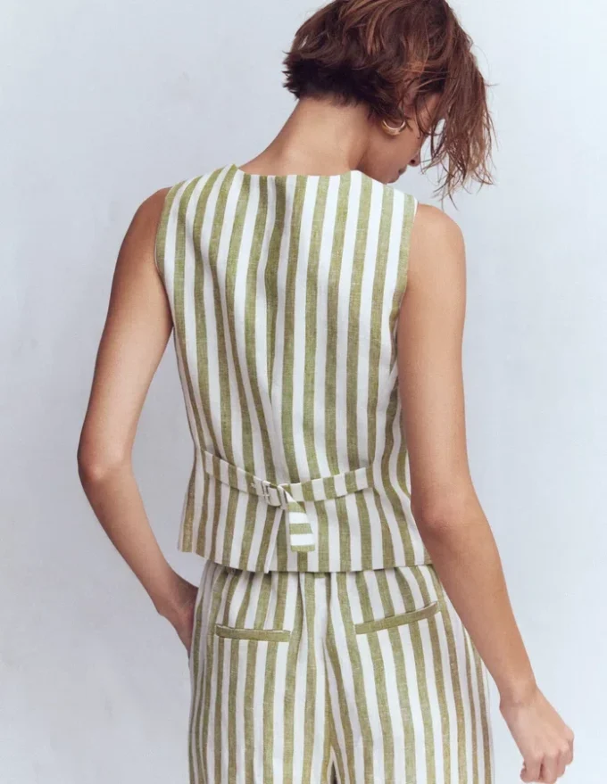 Linen Waistcoat Olive, Ivory Stripe