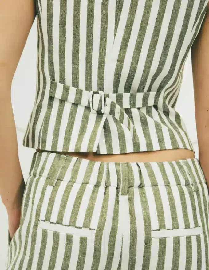 Linen Waistcoat Olive, Ivory Stripe