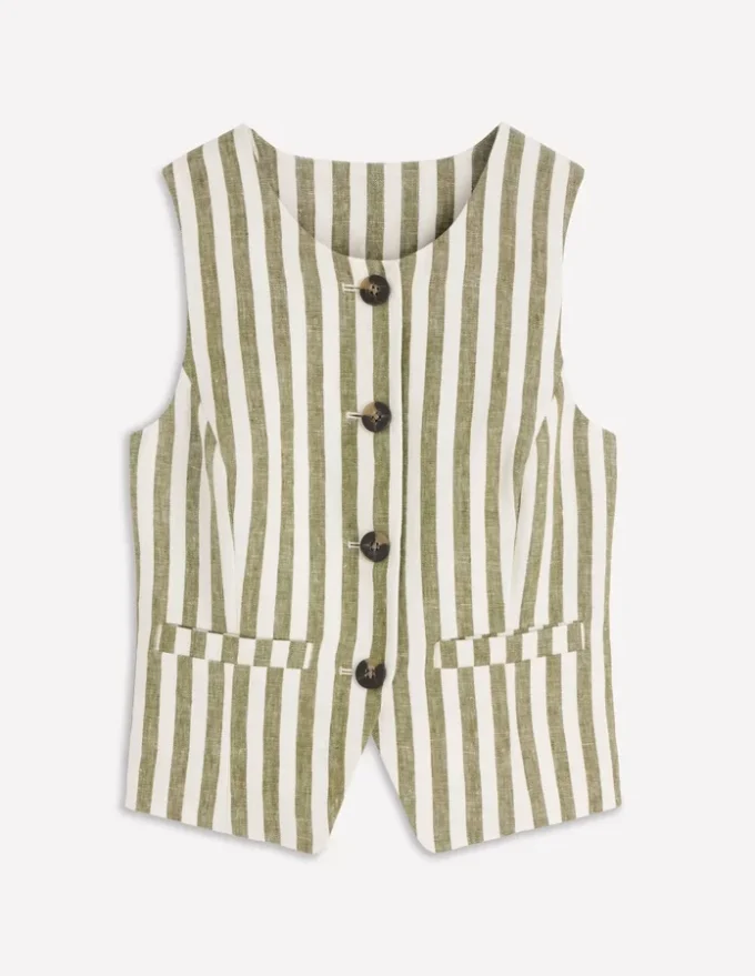 Linen Waistcoat Olive, Ivory Stripe