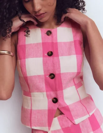 Linen Waistcoat Pink Punch Gingham