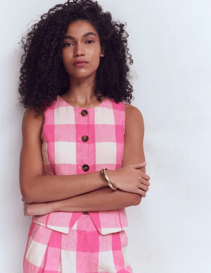 Linen Waistcoat Pink Punch Gingham Linen Waistcoat Pink Punch Gingham