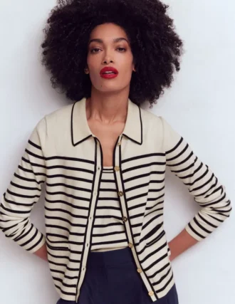 Liz Knitted Collared Cardigan Ivory/ Navy