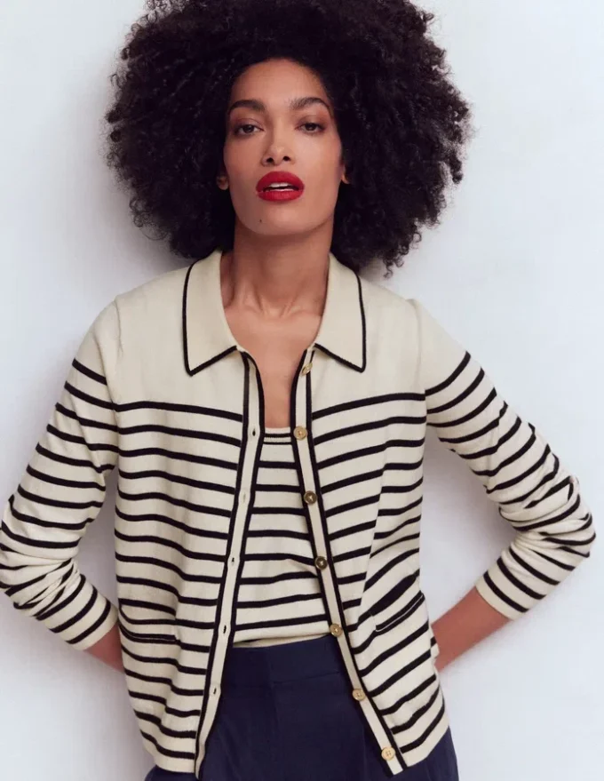 Liz Knitted Collared Cardigan Ivory/ Navy Liz Knitted Collared Cardigan Ivory/ Navy