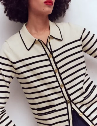 Liz Knitted Collared Cardigan Ivory/ Navy