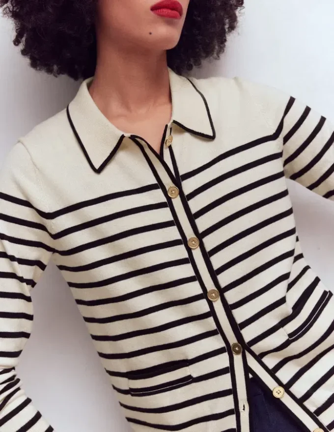 Liz Knitted Collared Cardigan Ivory/ Navy Liz Knitted Collared Cardigan Ivory/ Navy