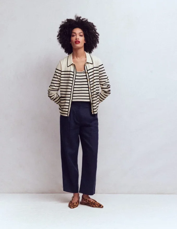 Liz Knitted Collared Cardigan Ivory/ Navy Liz Knitted Collared Cardigan Ivory/ Navy