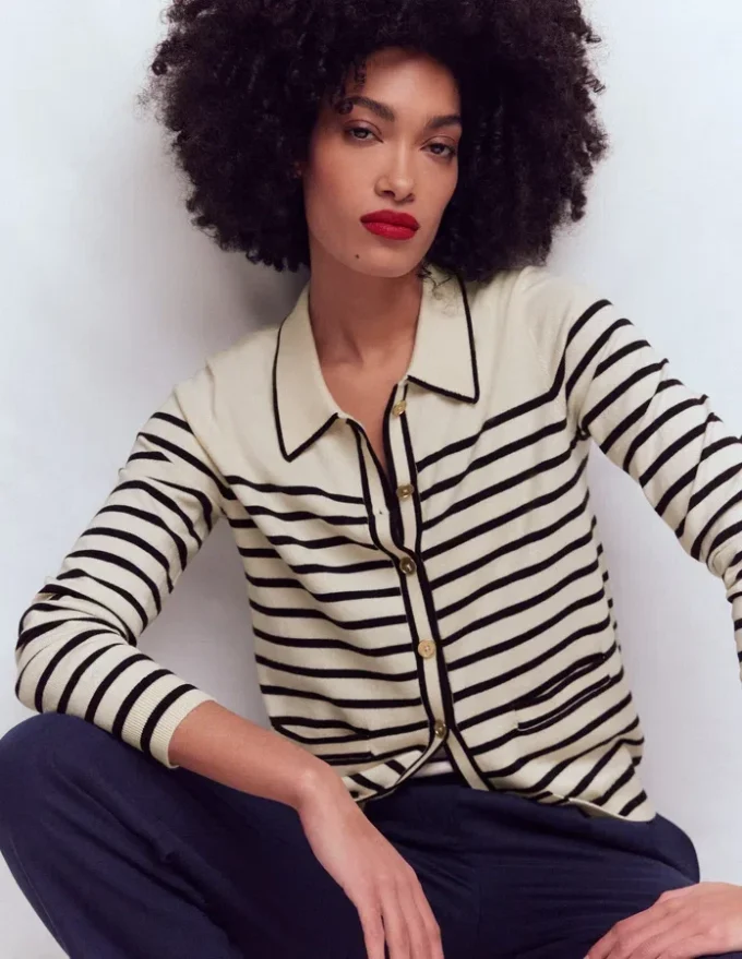 Liz Knitted Collared Cardigan Ivory/ Navy Liz Knitted Collared Cardigan Ivory/ Navy
