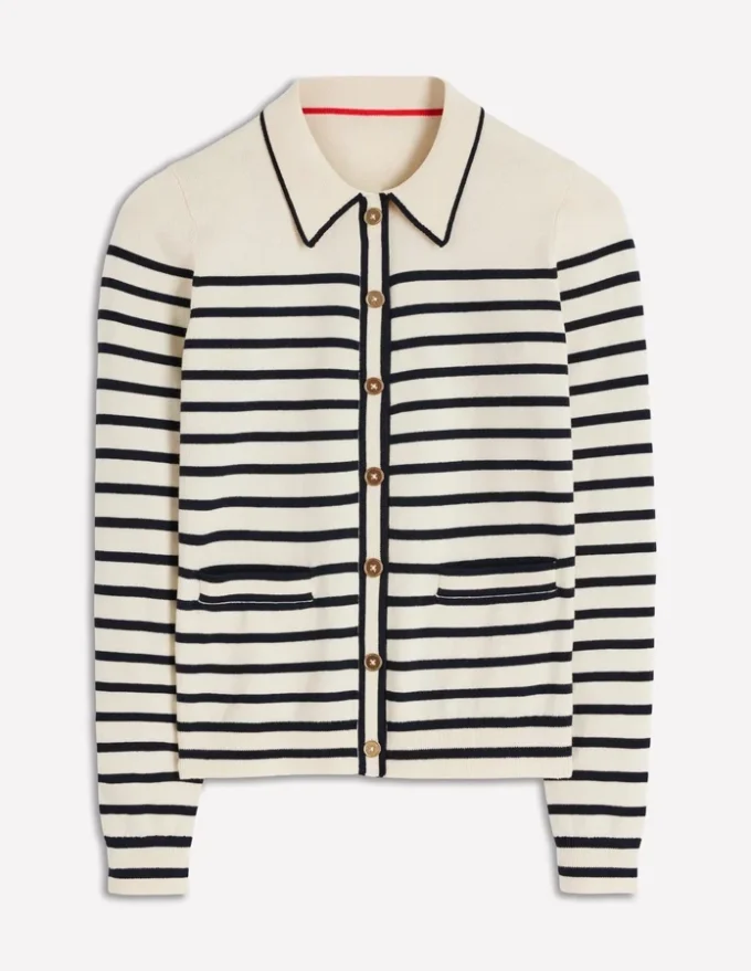 Liz Knitted Collared Cardigan Ivory/ Navy Liz Knitted Collared Cardigan Ivory/ Navy