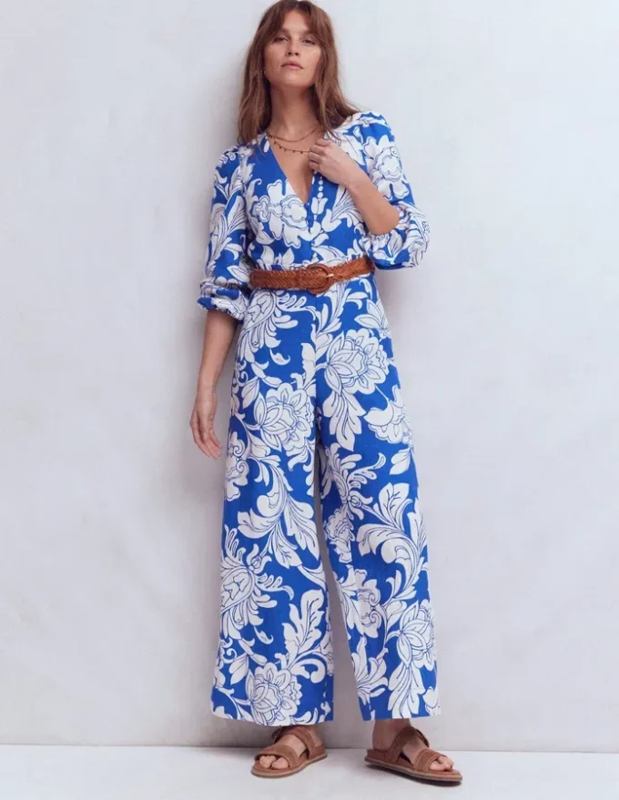Lola Linen Jumpsuit Blue Botanical Flourish Mono Lola Linen Jumpsuit Blue Botanical Flourish Mono