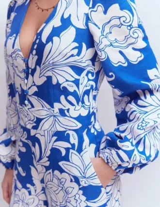 Lola Linen Jumpsuit Blue Botanical Flourish Mono