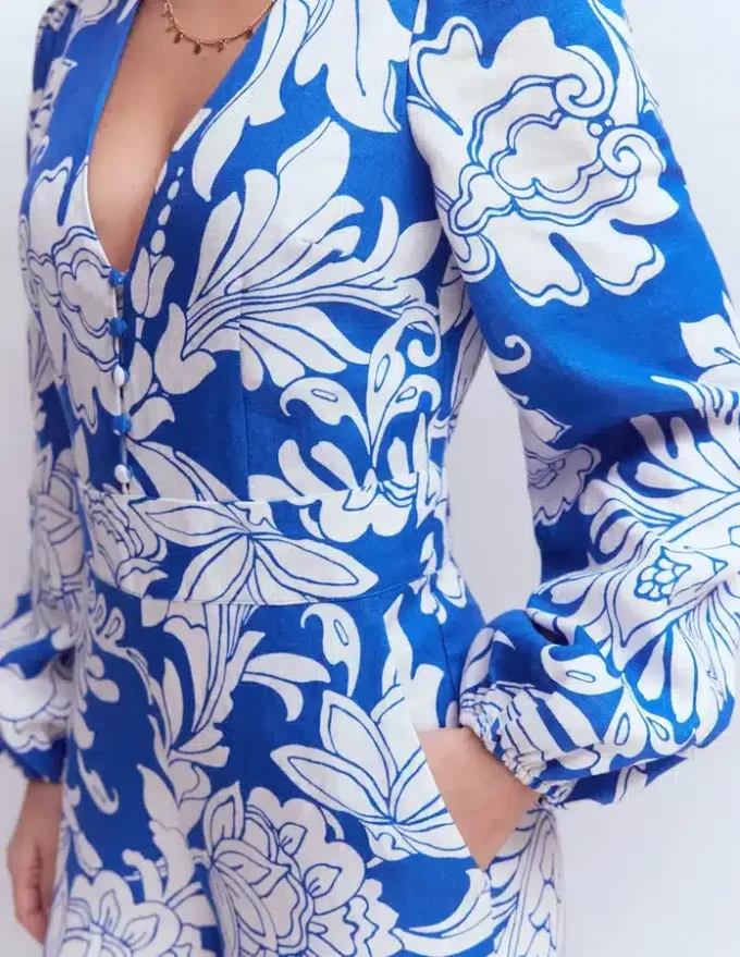 Lola Linen Jumpsuit Blue Botanical Flourish Mono Lola Linen Jumpsuit Blue Botanical Flourish Mono