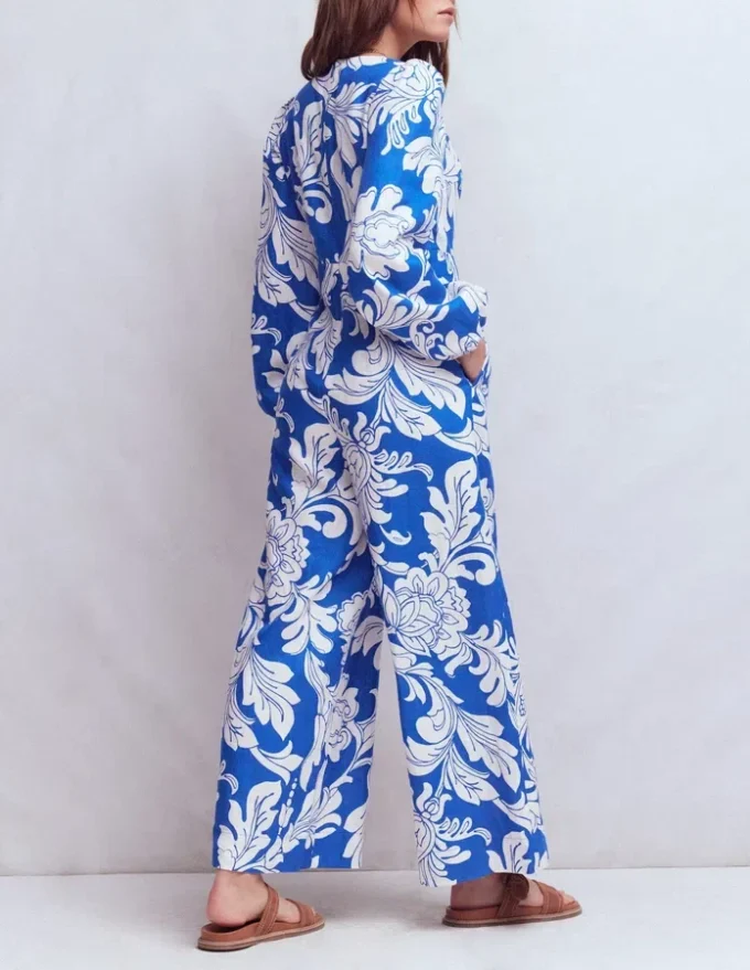 Lola Linen Jumpsuit Blue Botanical Flourish Mono Lola Linen Jumpsuit Blue Botanical Flourish Mono