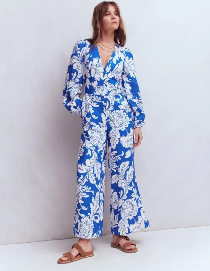 Lola Linen Jumpsuit Blue Botanical Flourish Mono Lola Linen Jumpsuit Blue Botanical Flourish Mono