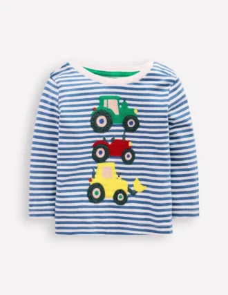 Long Sleeve Appliqué T-Shirt Blue Stripe Tractors