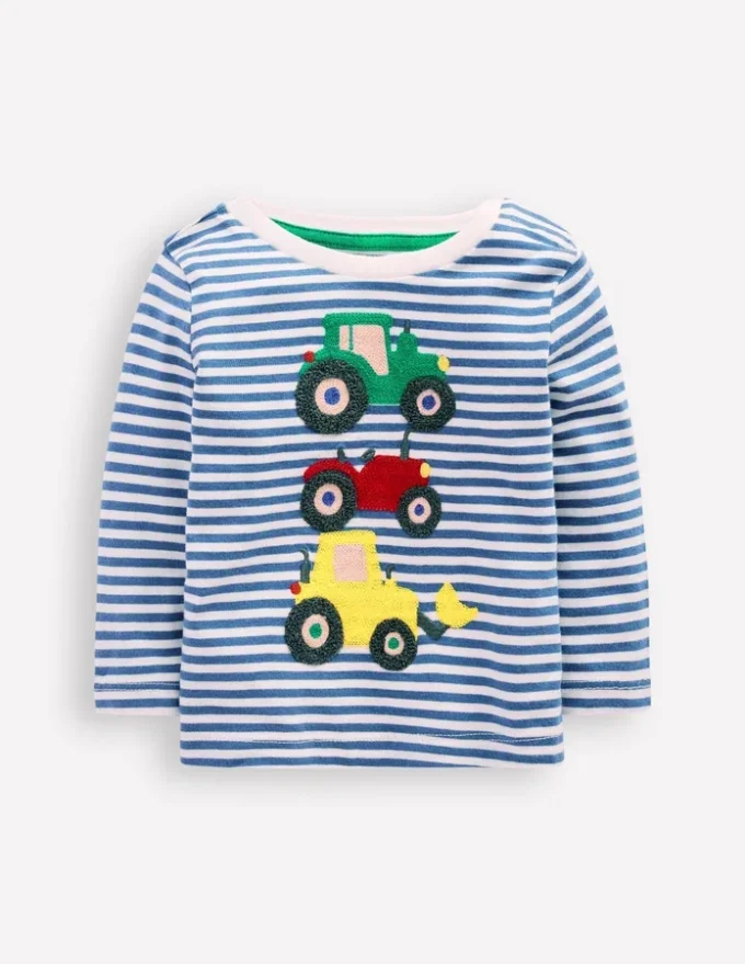 Long Sleeve Appliqué T-Shirt Blue Stripe Tractors Long Sleeve Appliqué T-Shirt Blue Stripe Tractors