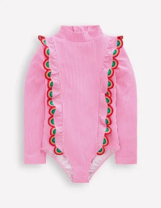 Long Sleeve Frill Swimsuit Pink Glo Stripe Rainbow