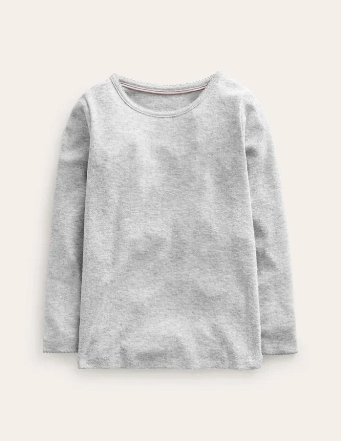 Long Sleeve Pointelle Top Grey Marl