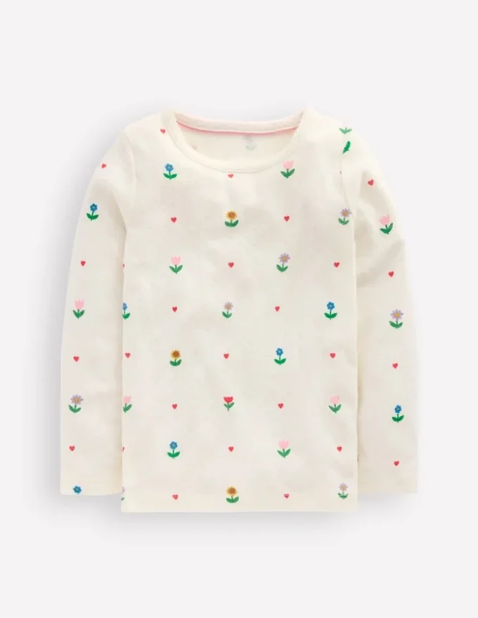 Long Sleeve Pointelle Top Ivory Sunflower Garden
