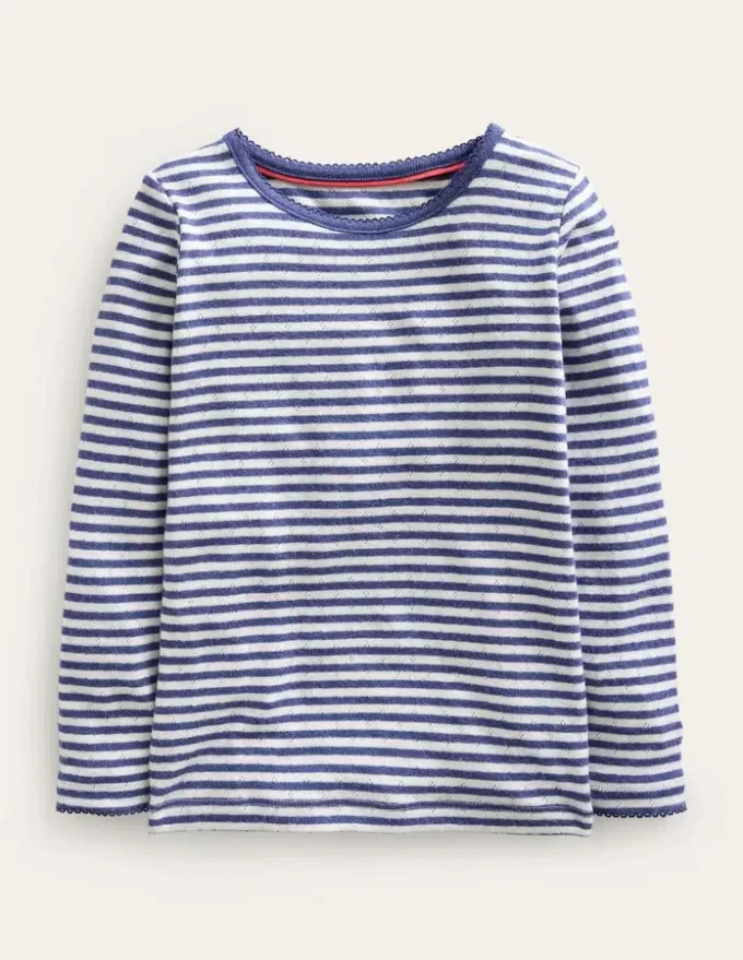 Long Sleeve Pointelle Top Starboard Blue/Soft Ivory