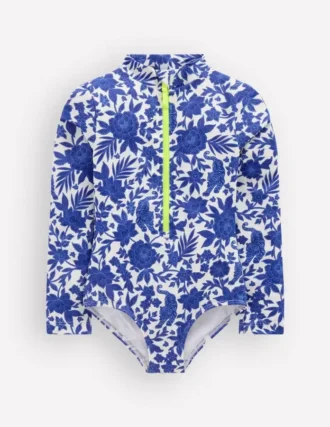 Long-sleeved Swimsuit Bright Blue Jungle Woodblock