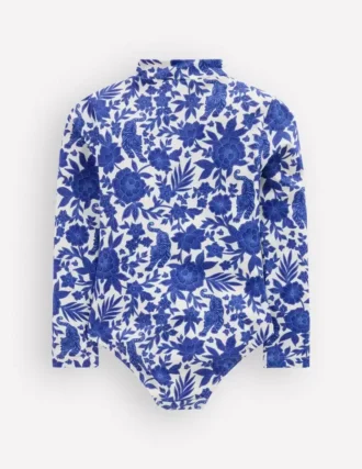 Long-sleeved Swimsuit Bright Blue Jungle Woodblock