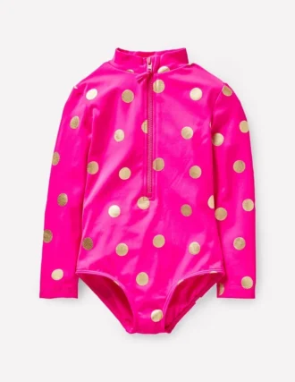Long-sleeved Swimsuit Fuchsia Pink, Gold Foil Spot