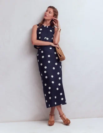 Longline Column Skirt French Navy, Ivory Spot