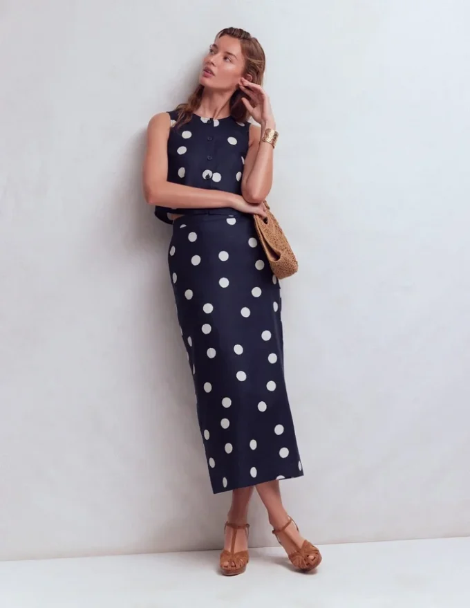 Longline Column Skirt French Navy, Ivory Spot Longline Column Skirt French Navy, Ivory Spot