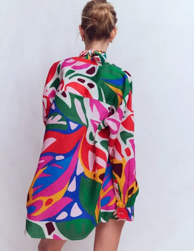 Longline Linen Shirt Multi, Leafy Cascade