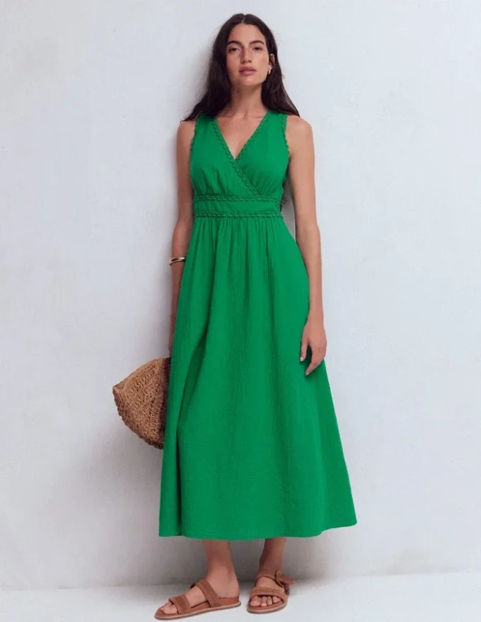 Lorna Trim Double Cloth Dress Rich Emerald Lorna Trim Double Cloth Dress Rich Emerald