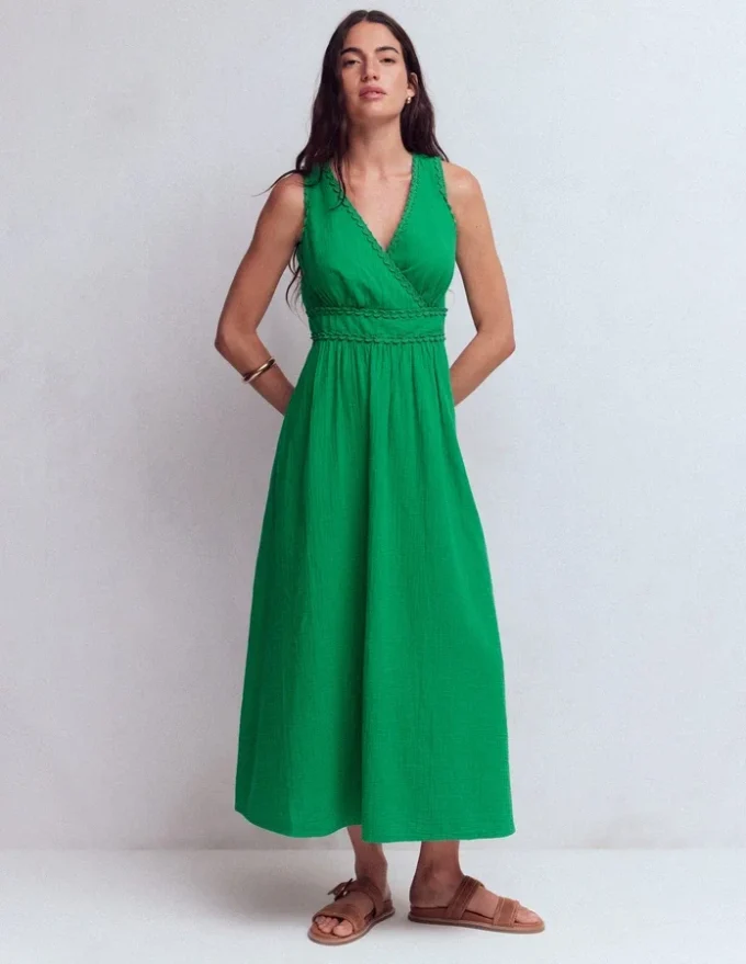 Lorna Trim Double Cloth Dress Rich Emerald Lorna Trim Double Cloth Dress Rich Emerald