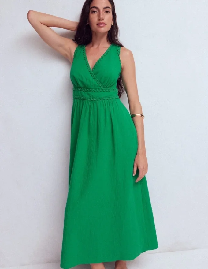 Lorna Trim Double Cloth Dress Rich Emerald Lorna Trim Double Cloth Dress Rich Emerald